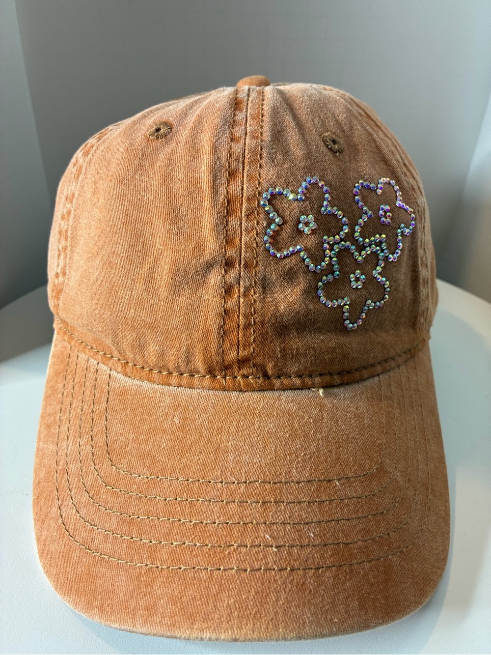 Women Orange washed custom rhinestone Cap